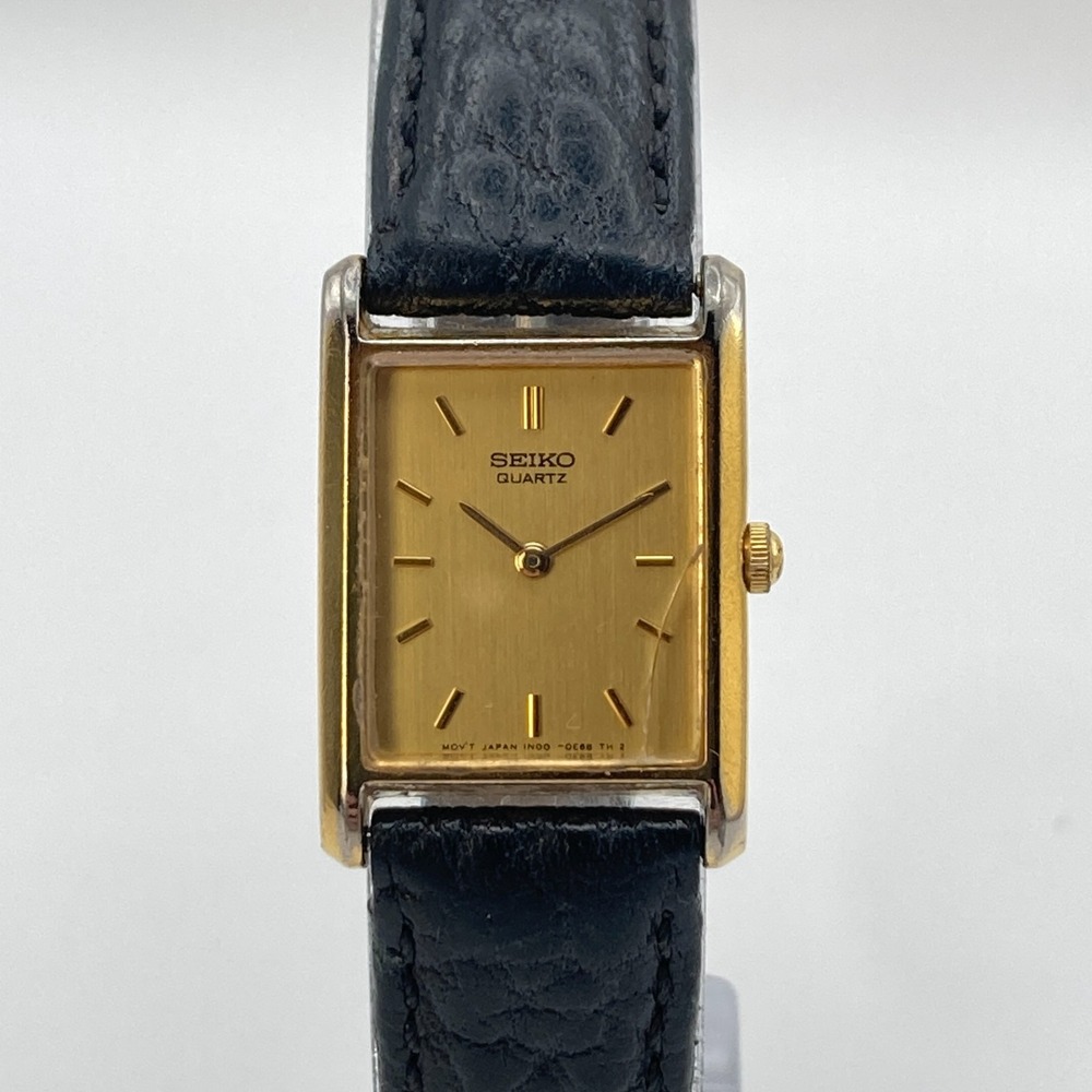 Vtg Seiko Womens Tank Watch CRACKED CRYSTAL 18mm Gold Tone 1N00-5B50 New Battery